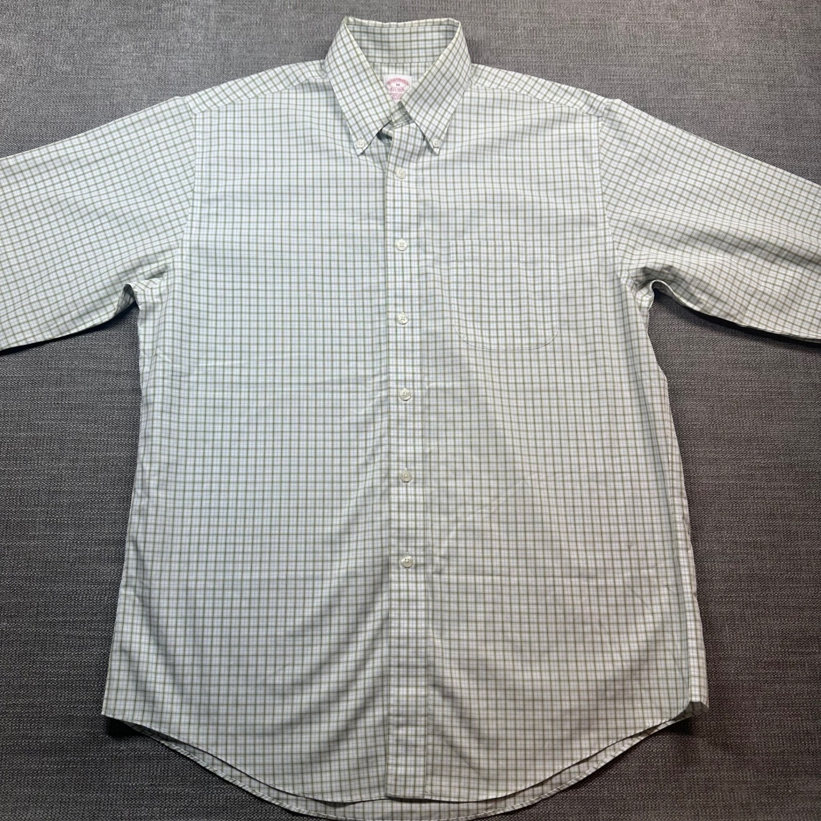 Brooks Brothers Shirt Mens Medium Green Blue Check Non-Iron Short Sleeve